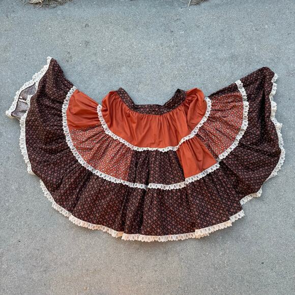 Vintage 70s 80s Orange Brown Calico Floral Ruffle Lace Circle Square Dance Skirt - Picture 1 of 8